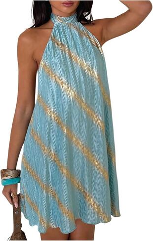 MakeMeChic Women's Summer Striped Halter Mini Dress Tie Back Sleeveless Party Dresses in Kuwait