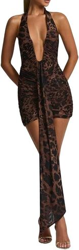 Women's Sexy Halter Bodycon Mini Dress Ruched Deep V Neck Backless Going Out Dresses in Saudi Arabia