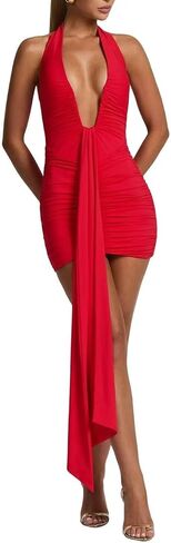 Women's Sexy Halter Bodycon Mini Dress Ruched Deep V Neck Backless Going Out Dresses in Saudi Arabia