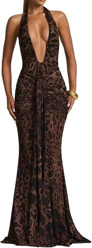 Women's Sexy Halter Bodycon Mini Dress Ruched Deep V Neck Backless Going Out Dresses in Saudi Arabia