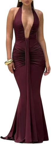 Women's Sexy Halter Bodycon Mini Dress Ruched Deep V Neck Backless Going Out Dresses in Saudi Arabia