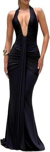 Women's Sexy Halter Bodycon Mini Dress Ruched Deep V Neck Backless Going Out Dresses in Saudi Arabia