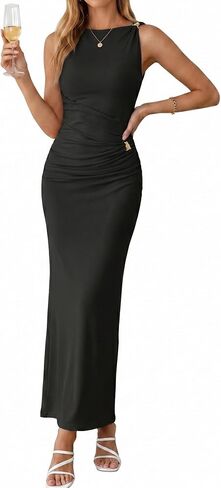 Simplee Womens Summer Bodycon Maxi Dress Ruched Sleeveless Elegant Ribbed Wedding Guest Cocktail Formal Long Dresses in Saudi Arabia