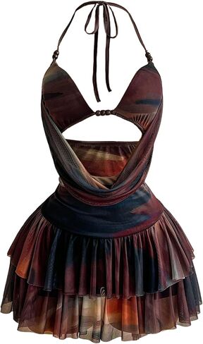 SOLY HUX Women's Tie Dye Halter Mini Dress Draped Backless Sleeveless Ruffle Layered Club Party Going Out Dresses in Kuwait