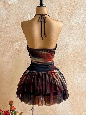 SOLY HUX Women's Tie Dye Halter Mini Dress Draped Backless Sleeveless Ruffle Layered Club Party Going Out Dresses in Kuwait