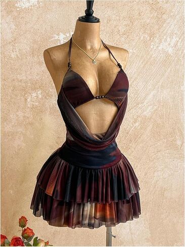 SOLY HUX Women's Tie Dye Halter Mini Dress Draped Backless Sleeveless Ruffle Layered Club Party Going Out Dresses in Kuwait