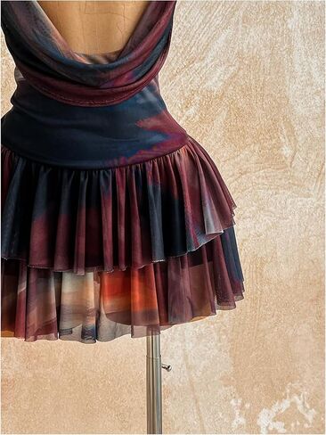 SOLY HUX Women's Tie Dye Halter Mini Dress Draped Backless Sleeveless Ruffle Layered Club Party Going Out Dresses in Kuwait