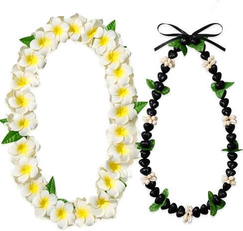 Yinder 2 Pcs Hawaiian Graduation Leis, 48" Artificial Plumeria Necklace, 32" Black Kukui Nut Leis Graduate Gift for Women Men in Kuwait