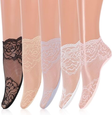 5 Pairs Lace Sheer Ankle Socks - Sheer Ankle Socks Women, Fishnet Mesh Loose Sock Women's Cotton Sock for Women Girls in Saudi Arabia