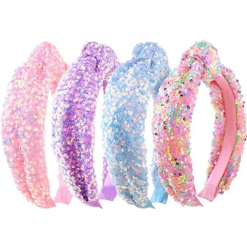 Knotted Headbands for Girls Women, 4Pcs Glitter Sequins Rainbow Headbands Girls Sparkly Top Knot Headband Pink Blue Purple Hairbands Hair Accessories for Back to School or Daily Outfits in Saudi Arabia