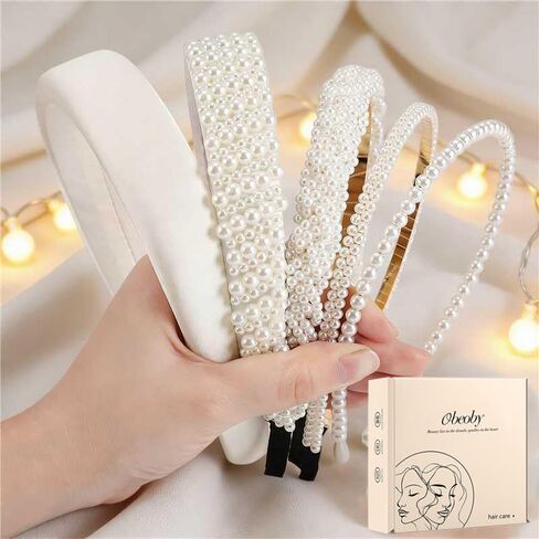 obeoby White Wedding Bridal Headbands, 5Pack Pearl Headbands Rhinestones Bridal Wedding Party Shower Gifts Hair Accessories in Saudi Arabia