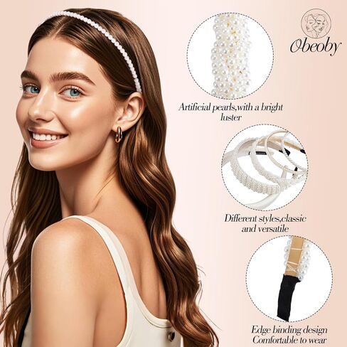 obeoby White Wedding Bridal Headbands, 5Pack Pearl Headbands Rhinestones Bridal Wedding Party Shower Gifts Hair Accessories in Saudi Arabia