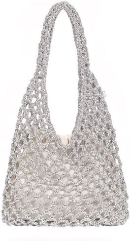 Metallic Gold Net Crochet Tote, Mesh Woven Summer Beach Shoulder Bag with Inner Lining, Travel Tote Bags for Women in Saudi Arabia