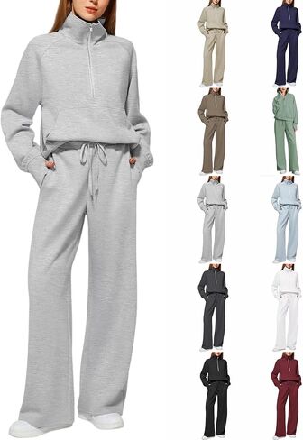Track Suits for Women Set Sweatsuits Women 2 Piece Outfit Lapel Half Zip Sweatshirts Wide Leg Pants Fall Winter Outfits in Kuwait