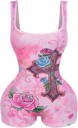 WDIRARA Women's Floral Graphic Rompers Square Neck Sleeveless Bodycon Shorts Jumpsuit Festival Clubwear in Kuwait