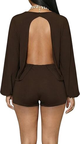 Famnbro Women Sexy Open Back Romper Y2K Long Sleeve Casual Mini Jumpsuit Club Party One Piece Outfit in Saudi Arabia