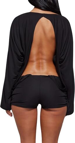 Famnbro Women Sexy Open Back Romper Y2K Long Sleeve Casual Mini Jumpsuit Club Party One Piece Outfit in Saudi Arabia