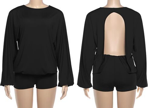 Famnbro Women Sexy Open Back Romper Y2K Long Sleeve Casual Mini Jumpsuit Club Party One Piece Outfit in Saudi Arabia