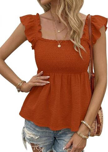 Women's Summer Peplum Tops Square Neck Ruffle Sleeveless Blouses Smocked Flowy Top Dressy Casual Shirts in Saudi Arabia
