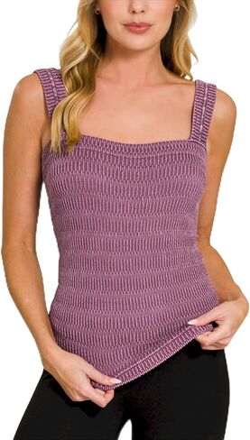 Women's Casual Cami Tank Chic Smocked Textured Square Neckline Sleeveless Top Eggplant in Saudi Arabia