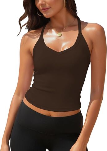 GEMBERA Womens Sleeveless Cropped Top Front V Neck Racerback Ribbed Knit Basic Cami Halter Tank Top Shirt in Saudi Arabia