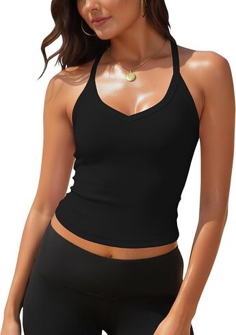 GEMBERA Womens Sleeveless Cropped Top Front V Neck Racerback Ribbed Knit Basic Cami Halter Tank Top Shirt in Saudi Arabia