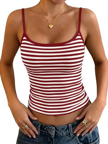 Cioatin Women Y2K Cute Striped Crop Cami Tops Sleeveless Ringer Spaghetti Strap Scoop Neck Slim Fit Tank Summer Girls Outfits in Saudi Arabia