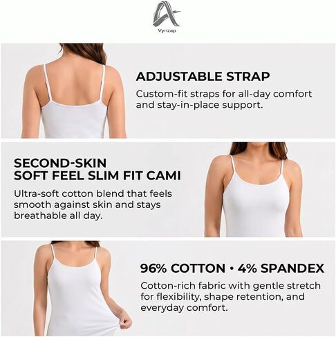 Women’s Cotton Stretch Cami Tank Top, Adjustable Spaghetti Strap Slim Fit Camisole for Layering & Summer Wear in Saudi Arabia