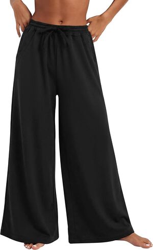 Womens Lightweight Wide Leg Sweatpants Drawstring Elastic Waist Palazzo Pants Summer Vacation Lounge Baggy Pant (Black, XL) in Saudi Arabia
