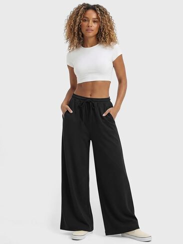 Womens Lightweight Wide Leg Sweatpants Drawstring Elastic Waist Palazzo Pants Summer Vacation Lounge Baggy Pant (Black, XL) in Saudi Arabia