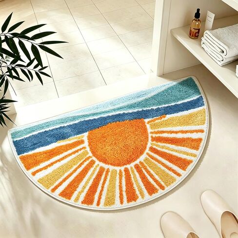 Boho Sun Bath Rug, Half Circle Bath Mat, Soft Plush Fluffy Absorbent Quick Dry Shower Rug, High-Low Pile Non Slip Floor Mat for Bathroom, Bedroom, Living Room, Kitchen Sink & Kids Room, 19.6"x35" in Saudi Arabia