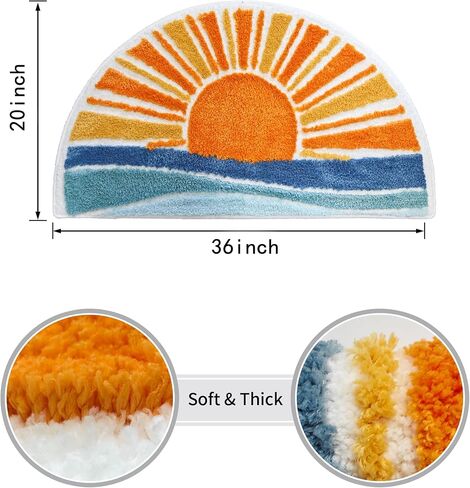 Boho Sun Bath Rug, Half Circle Bath Mat, Soft Plush Fluffy Absorbent Quick Dry Shower Rug, High-Low Pile Non Slip Floor Mat for Bathroom, Bedroom, Living Room, Kitchen Sink & Kids Room, 19.6"x35" in Saudi Arabia