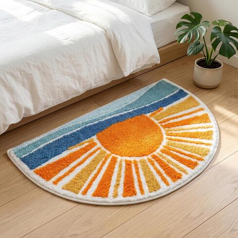 Boho Sun Bath Rug, Half Circle Bath Mat, Soft Plush Fluffy Absorbent Quick Dry Shower Rug, High-Low Pile Non Slip Floor Mat for Bathroom, Bedroom, Living Room, Kitchen Sink & Kids Room, 19.6"x35" in Saudi Arabia