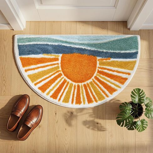 Boho Sun Bath Rug, Half Circle Bath Mat, Soft Plush Fluffy Absorbent Quick Dry Shower Rug, High-Low Pile Non Slip Floor Mat for Bathroom, Bedroom, Living Room, Kitchen Sink & Kids Room, 19.6"x35" in Saudi Arabia