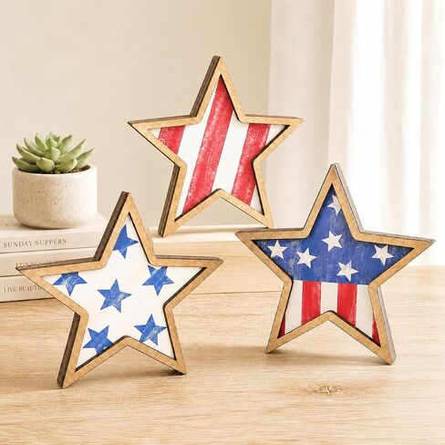4th of July Decorations Wooden Stars Set of 3, Patriotic Tiered Tray Decor, Red White Blue Star Tabletop Ornaments for Independence Day, Memorial Day, Home Office Shelf Decor in Saudi Arabia