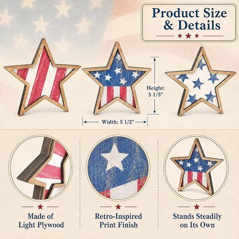 4th of July Decorations Wooden Stars Set of 3, Patriotic Tiered Tray Decor, Red White Blue Star Tabletop Ornaments for Independence Day, Memorial Day, Home Office Shelf Decor in Saudi Arabia