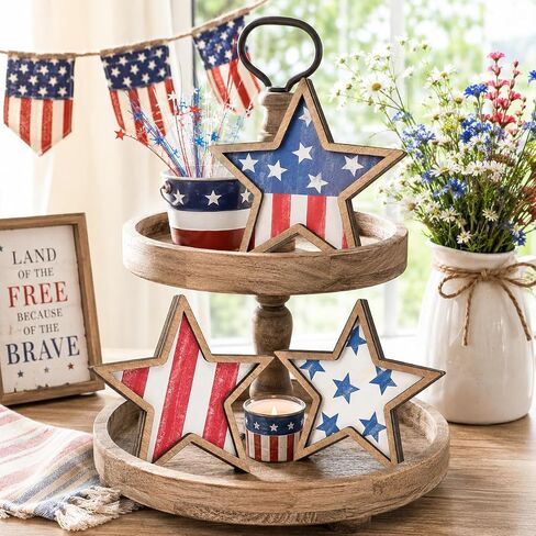 4th of July Decorations Wooden Stars Set of 3, Patriotic Tiered Tray Decor, Red White Blue Star Tabletop Ornaments for Independence Day, Memorial Day, Home Office Shelf Decor in Saudi Arabia