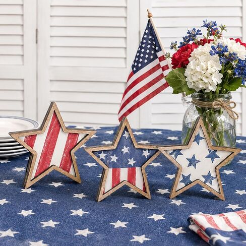 4th of July Decorations Wooden Stars Set of 3, Patriotic Tiered Tray Decor, Red White Blue Star Tabletop Ornaments for Independence Day, Memorial Day, Home Office Shelf Decor in Saudi Arabia