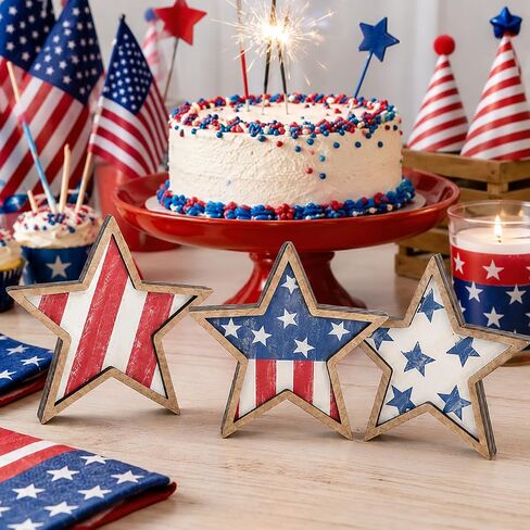 4th of July Decorations Wooden Stars Set of 3, Patriotic Tiered Tray Decor, Red White Blue Star Tabletop Ornaments for Independence Day, Memorial Day, Home Office Shelf Decor in Saudi Arabia
