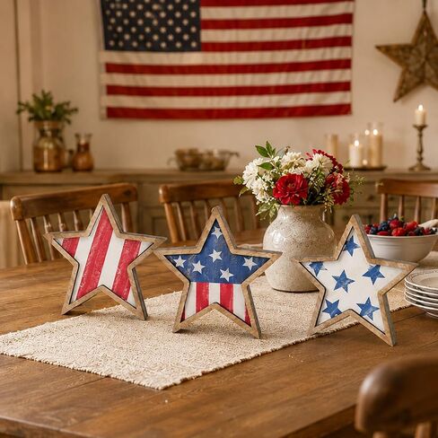 4th of July Decorations Wooden Stars Set of 3, Patriotic Tiered Tray Decor, Red White Blue Star Tabletop Ornaments for Independence Day, Memorial Day, Home Office Shelf Decor in Saudi Arabia