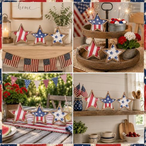4th of July Decorations Wooden Stars Set of 3, Patriotic Tiered Tray Decor, Red White Blue Star Tabletop Ornaments for Independence Day, Memorial Day, Home Office Shelf Decor in Saudi Arabia