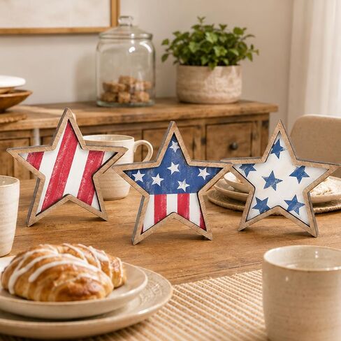 4th of July Decorations Wooden Stars Set of 3, Patriotic Tiered Tray Decor, Red White Blue Star Tabletop Ornaments for Independence Day, Memorial Day, Home Office Shelf Decor in Saudi Arabia