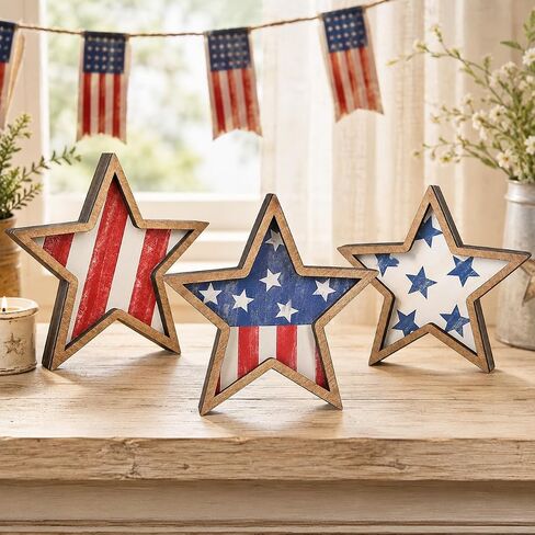 4th of July Decorations Wooden Stars Set of 3, Patriotic Tiered Tray Decor, Red White Blue Star Tabletop Ornaments for Independence Day, Memorial Day, Home Office Shelf Decor in Saudi Arabia