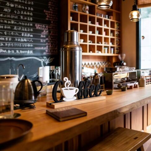 Wooden Coffee Tabletop Sign Farmhouse Bar decoration - Rustic Wood & Metal Coffee Letter Decor with 3D Steaming Cup Freestanding Kitchen Station Accent in Saudi Arabia