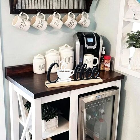 Wooden Coffee Tabletop Sign Farmhouse Bar decoration - Rustic Wood & Metal Coffee Letter Decor with 3D Steaming Cup Freestanding Kitchen Station Accent in Saudi Arabia
