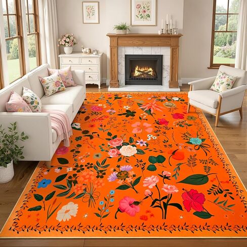 ISEAU Floral Living Room Rug 6x9, Washable Boho Flower Area Rug, Non-Slip Low-Pile Carpet with TPE Backing for Bedroom, Kid Friendly Flower Rug for Playroom Nursery Kitchen Dining Room Office, Pink in Saudi Arabia