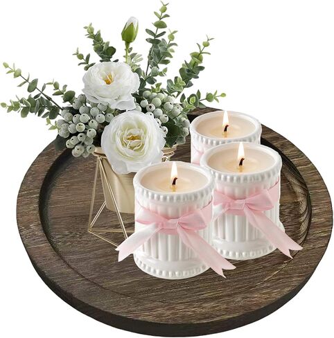 Candle Plate Holder Tray: Round Wooden Decorative Candle Plate Small Farmhouse Table Centerpiece Rustic White Wood Tealight Pillar Trays for Home Decor (White Rustic) in Saudi Arabia