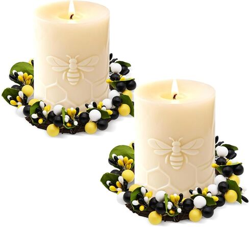 nuvagiki 2 Pack Bee Candle Ring Wreaths, Farmhouse Bumble Bee Berry Table Centerpiece Decor, Rustic Spring Summer Kitchen Home Decor in Kuwait