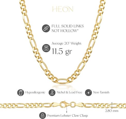 HEON 24K Gold Plated 925 Sterling Silver Solid 3.80mm Figaro Link Chain Necklace for Men Women, Hypoallergenic Non-Tarnish Jewelry in Saudi Arabia
