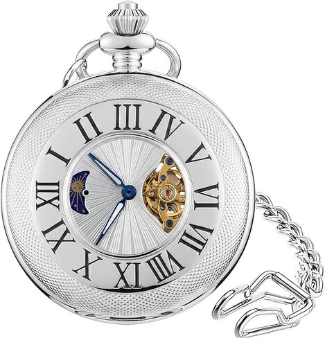 HOUSIA Vintage Mechanical Pocket Watch for Men - Moon Phase & Imitated Tourbillon Design, Skeleton Face with Bold Numerals, Antique Silver Metal Case with Chain, Premium Keepsake Gift for Dad/Husband in Saudi Arabia